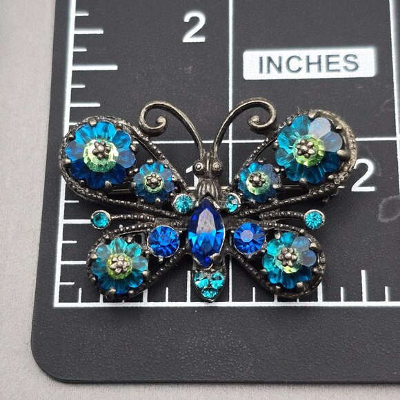 VTG Signed Weiss Butterfly Brooch 1.5" Blue & Green Rhinestones Silver Tone - Picture 7 of 8